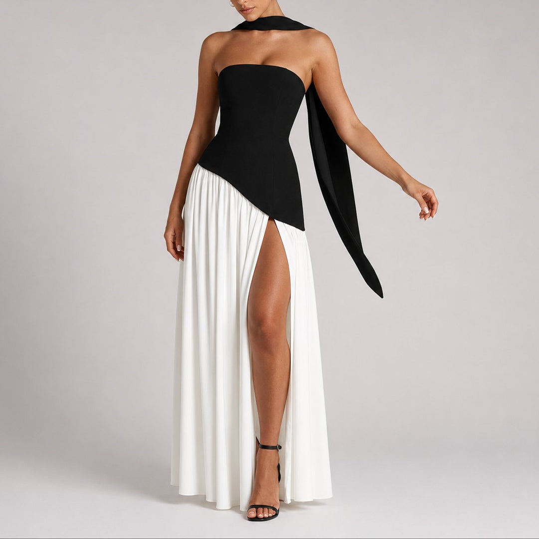 Damen Trägerlos Offener Rücken Maxi Kleid Hochzeitsgast Abendkleid - Weiß