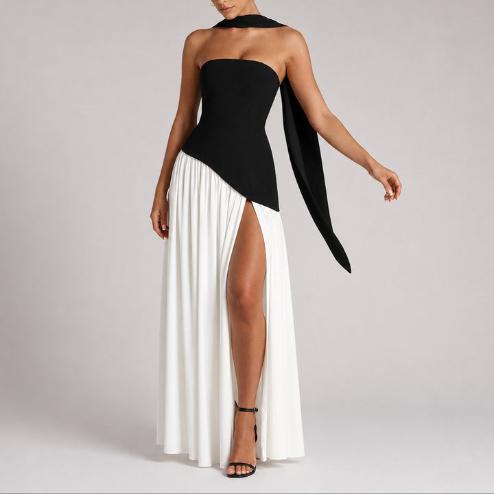 Damen Trägerlos Offener Rücken Maxi Kleid Hochzeitsgast Abendkleid - Weiß