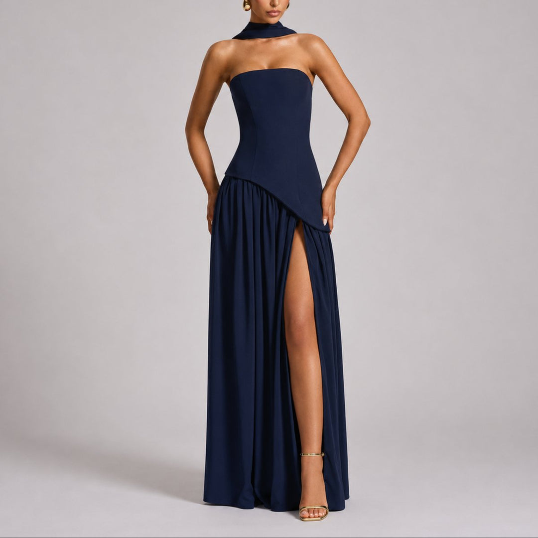 Damen Trägerlos Offener Rücken Maxi Kleid Hochzeitsgast Abendkleid - Marineblau