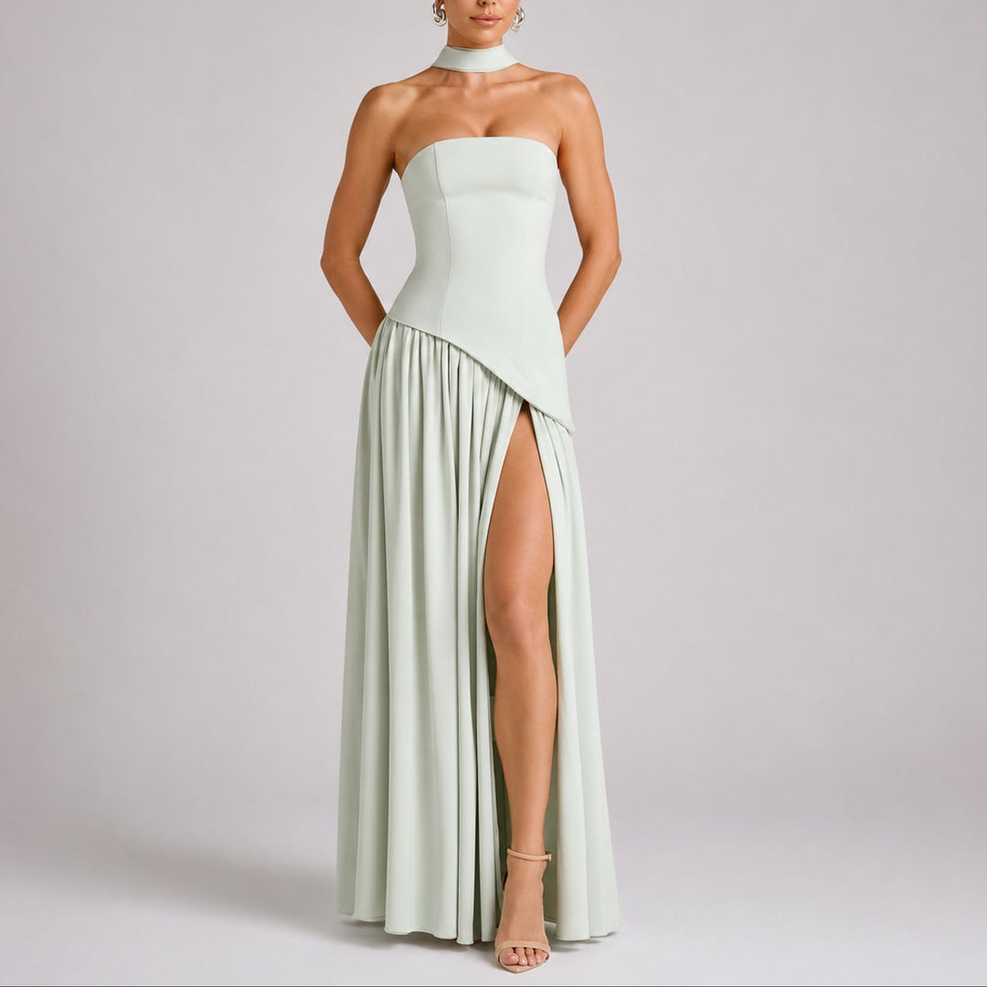Damen Trägerlos Offener Rücken Maxi Kleid Hochzeitsgast Abendkleid - Hellgrün
