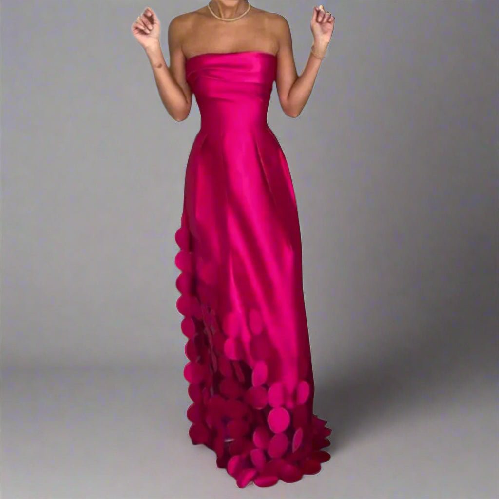 Damen Trägerlos Tailliertes Satin Maxi Abendkleid Dekorative Kreisdetails