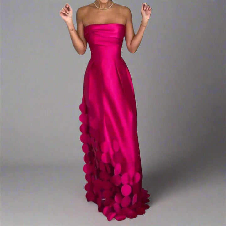 Damen Trägerlos Tailliertes Satin Maxi Abendkleid Dekorative Kreisdetails