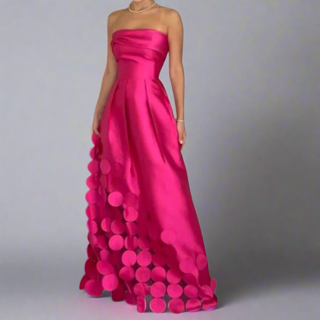 Damen Trägerlos Tailliertes Satin Maxi Abendkleid Dekorative Kreisdetails - Pink