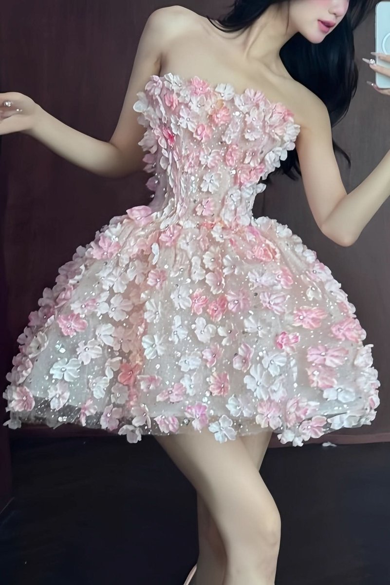 Damen Trägerloser 3D-Blumen Cocktailkleid Glitzer Minikleid