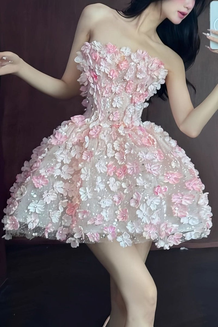 Damen Trägerloser 3D-Blumen Cocktailkleid Glitzer Minikleid