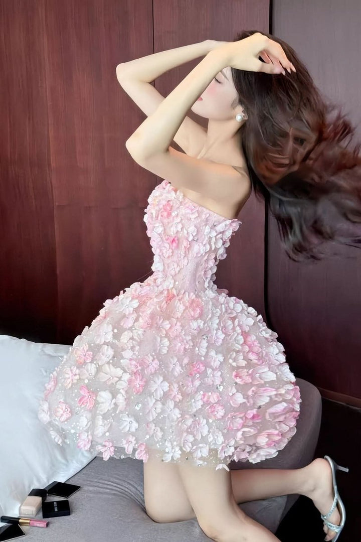 Damen Trägerloser 3D-Blumen Cocktailkleid Glitzer Minikleid