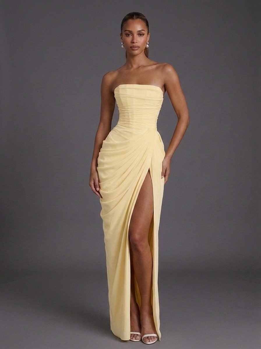 Damen Trägerloses Korsett Maxikleid Gerafft Schlitz - Butter Yellow