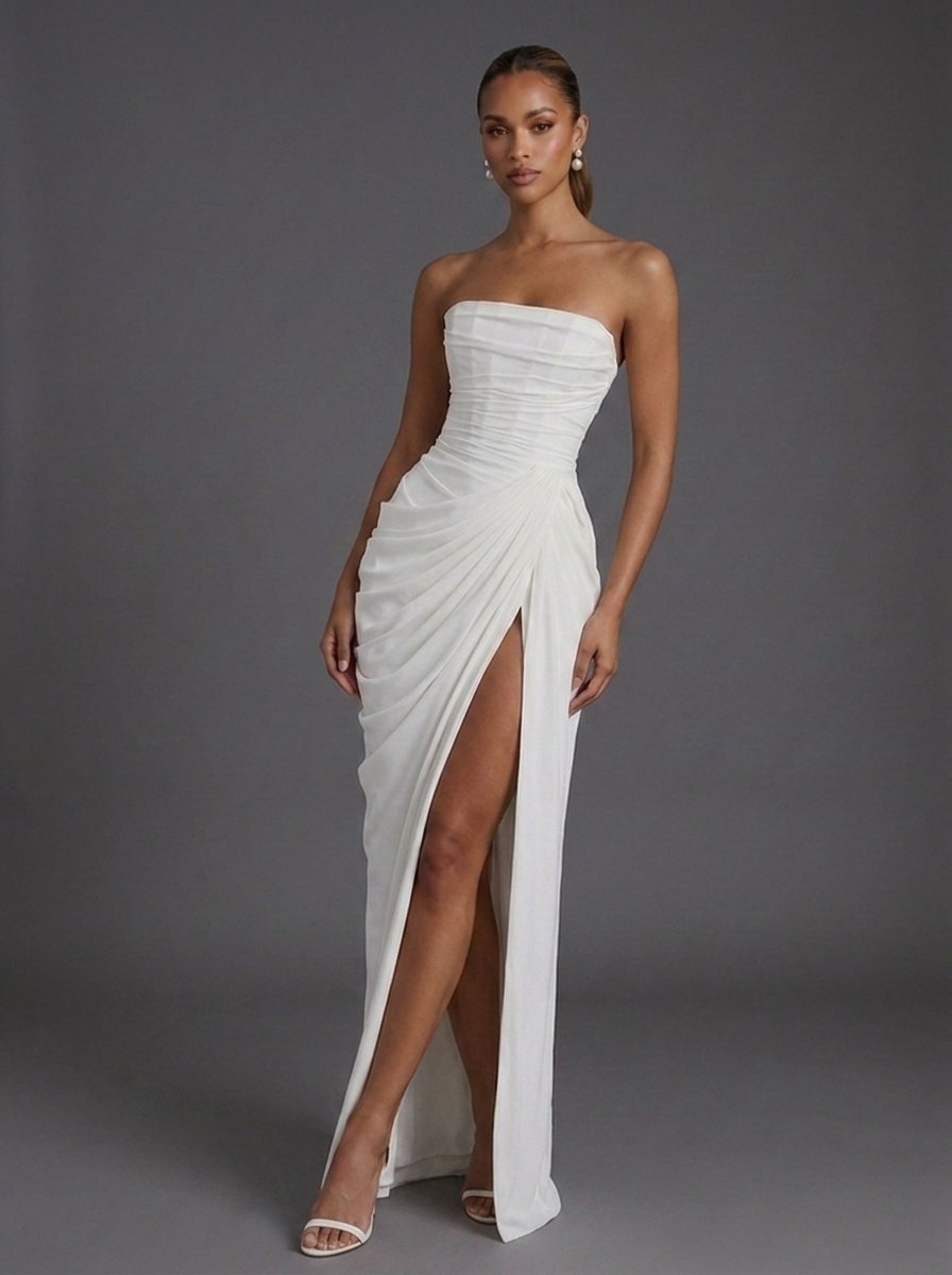 Damen Trägerloses Korsett Maxikleid Gerafft Schlitz - White