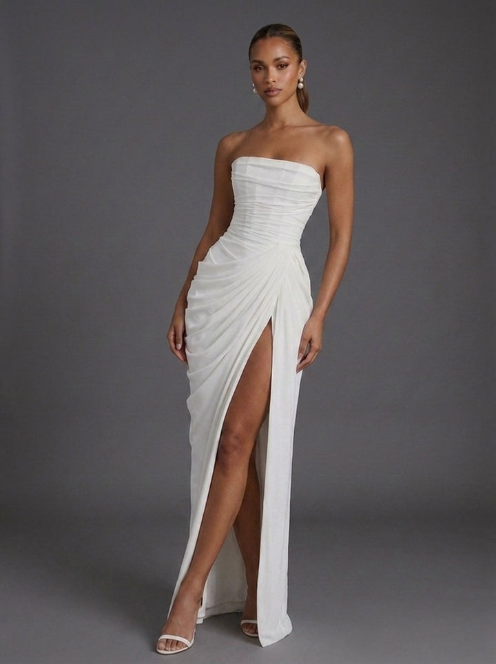 Damen Trägerloses Korsett Maxikleid Gerafft Schlitz - White