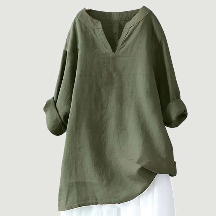 Damen Tunika Bluse Luftig Bequem V-Ausschnitt Langarm - Green (almost sold out)