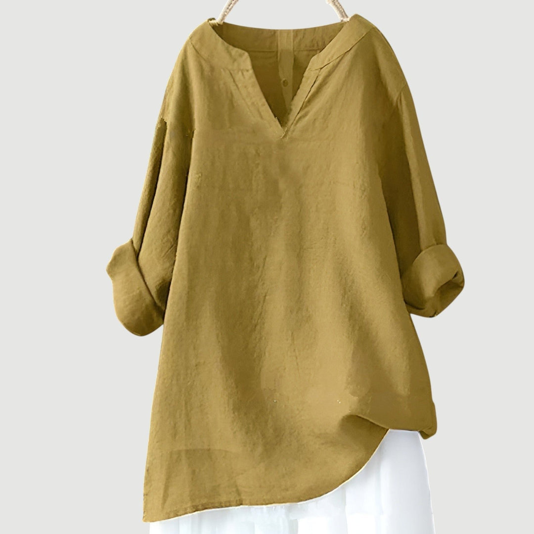 Damen Tunika Bluse Luftig Bequem V-Ausschnitt Langarm - Yellow