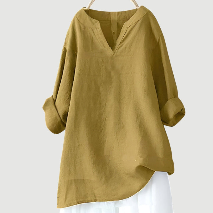 Damen Tunika Bluse Luftig Bequem V-Ausschnitt Langarm - Yellow