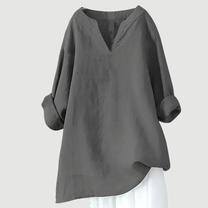 Damen Tunika Bluse Luftig Bequem V-Ausschnitt Langarm - Gray