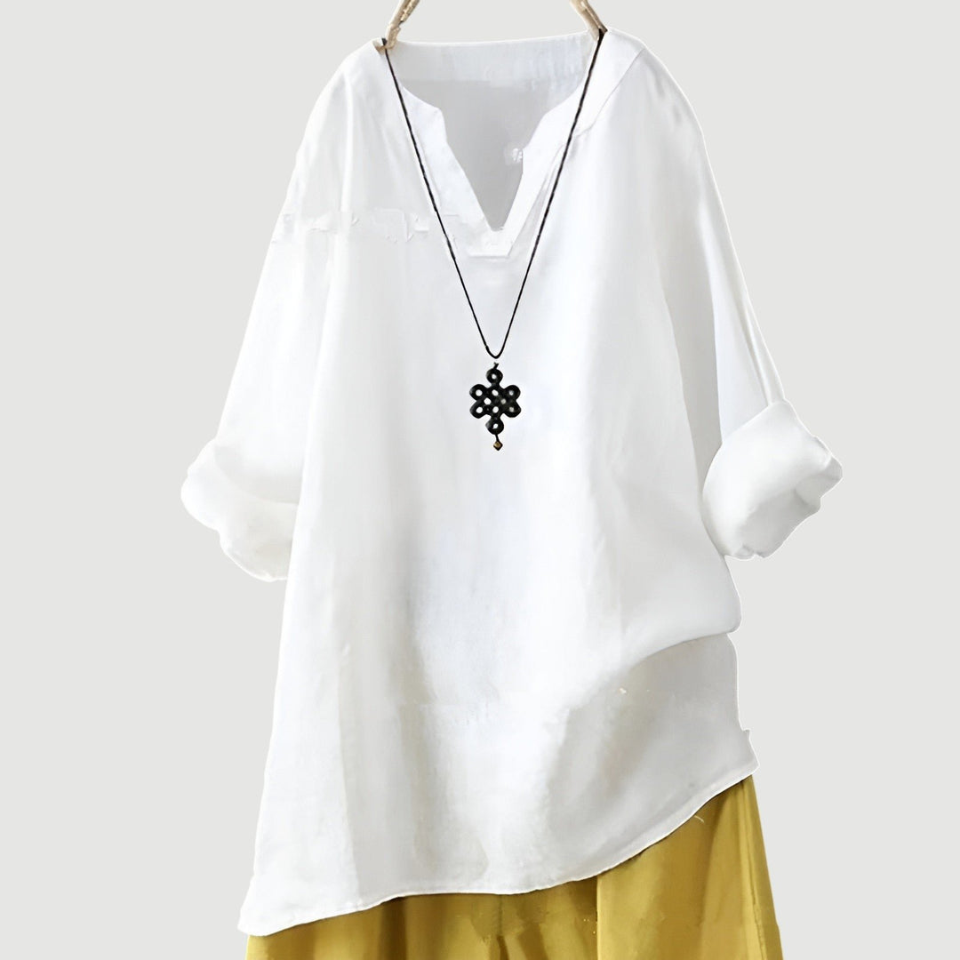 Damen Tunika Bluse Luftig Bequem V-Ausschnitt Langarm - White