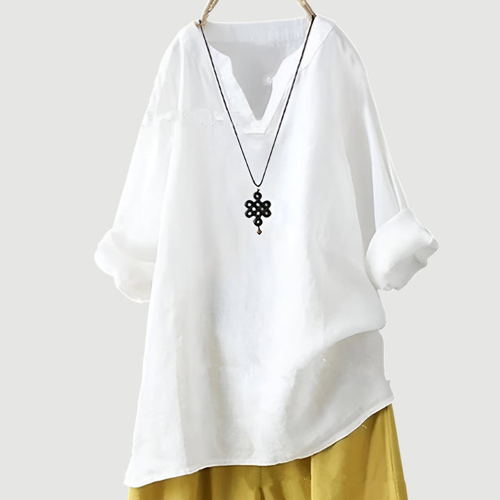 Damen Tunika Bluse Luftig Bequem V-Ausschnitt Langarm - White