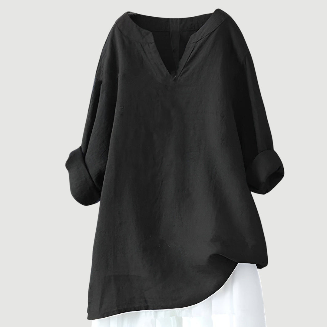 Damen Tunika Bluse Luftig Bequem V-Ausschnitt Langarm - Black
