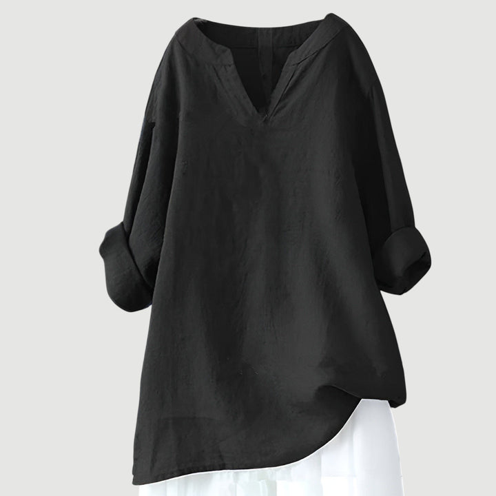 Damen Tunika Bluse Luftig Bequem V-Ausschnitt Langarm - Black