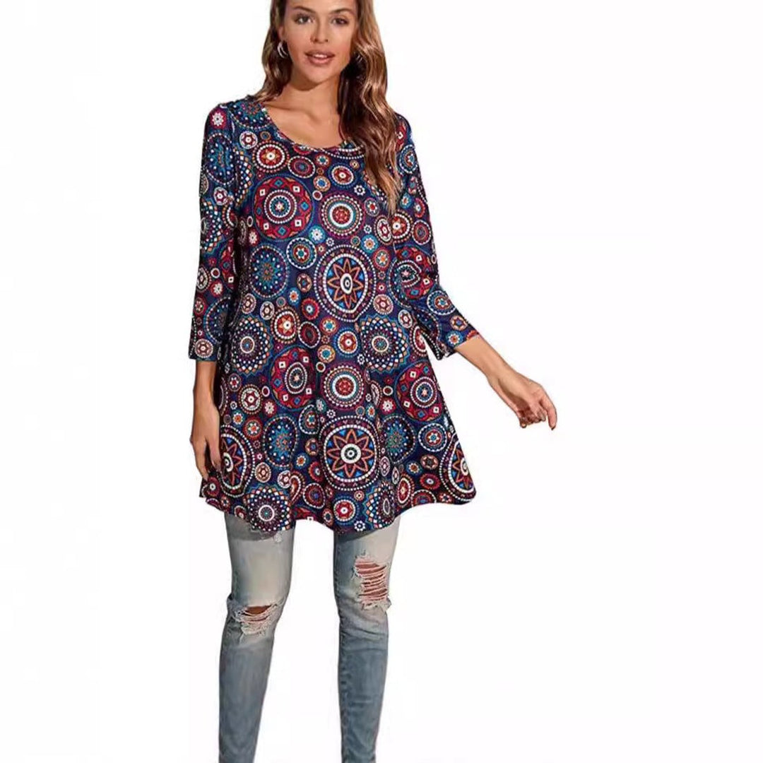Damen Tunika mit buntem Mandala-Druck 3/4-Arm ausgestellt
