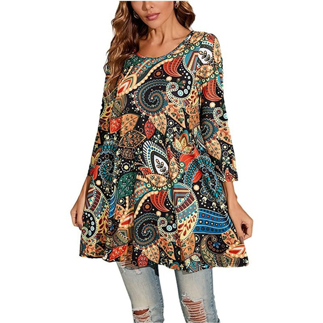 Damen Tunika mit buntem Mandala-Druck 3/4-Arm ausgestellt - A5