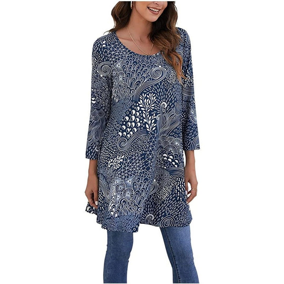 Damen Tunika mit buntem Mandala-Druck 3/4-Arm ausgestellt - A12
