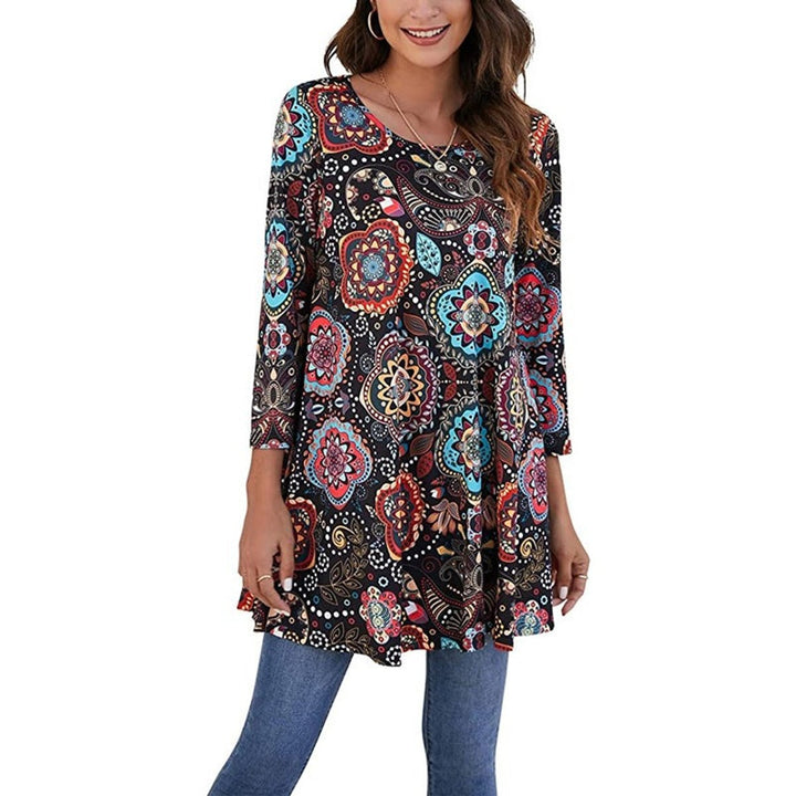 Damen Tunika mit buntem Mandala-Druck 3/4-Arm ausgestellt - A2