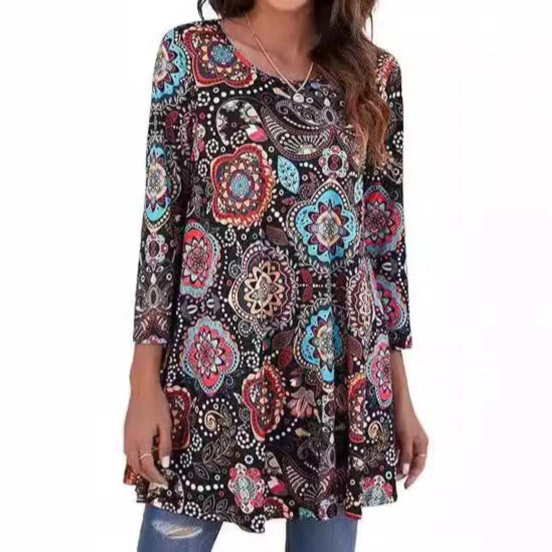 Damen Tunika mit buntem Mandala-Druck 3/4-Arm ausgestellt
