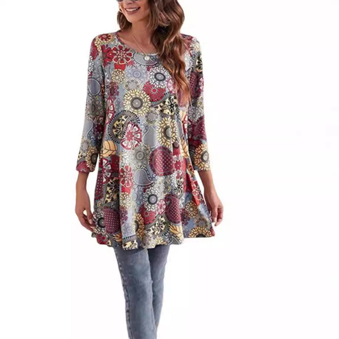 Damen Tunika mit buntem Mandala-Druck 3/4-Arm ausgestellt