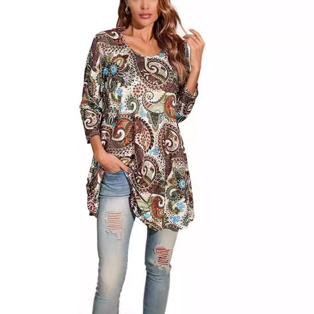Damen Tunika mit buntem Mandala-Druck 3/4-Arm ausgestellt
