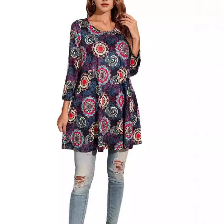 Damen Tunika mit buntem Mandala-Druck 3/4-Arm ausgestellt