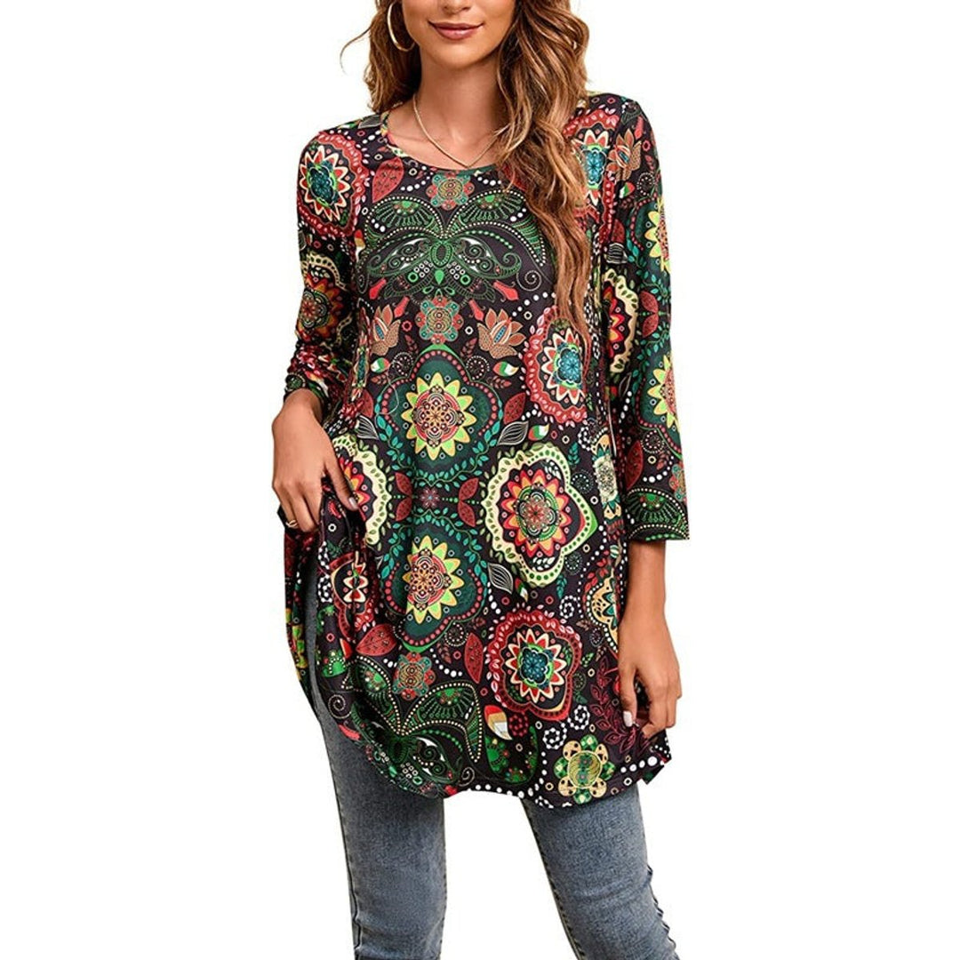 Damen Tunika mit buntem Mandala-Druck 3/4-Arm ausgestellt - A16