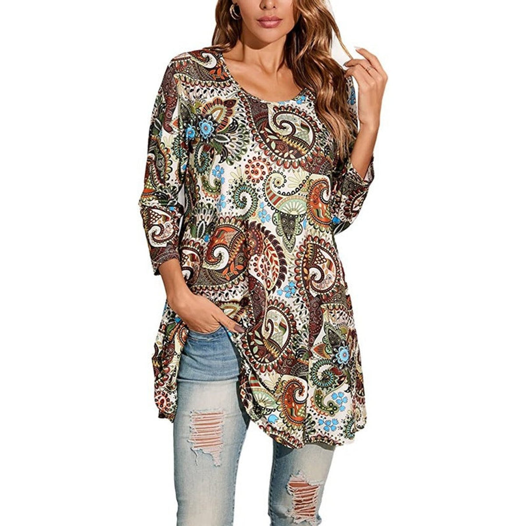 Damen Tunika mit buntem Mandala-Druck 3/4-Arm ausgestellt - A1