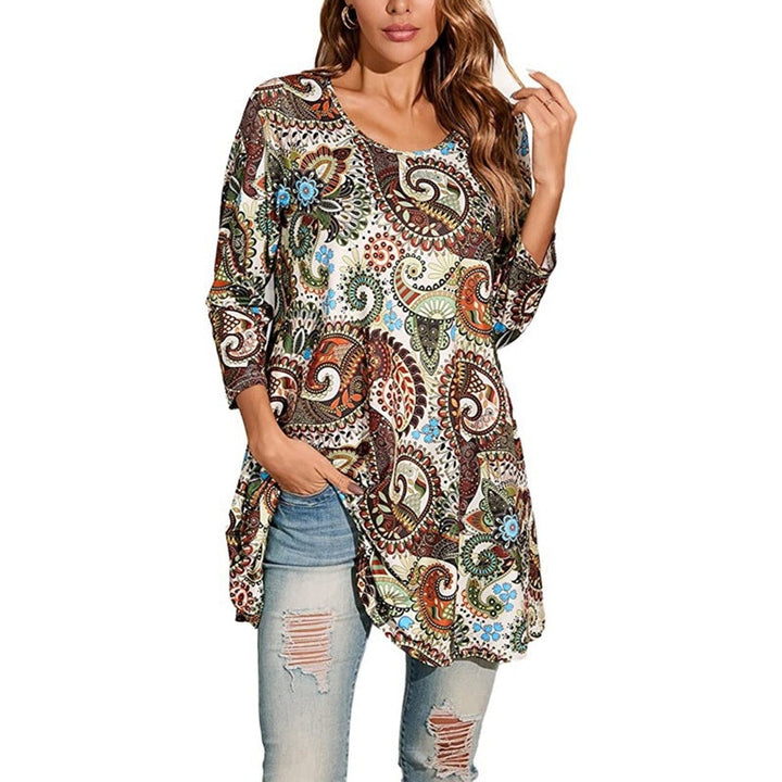Damen Tunika mit buntem Mandala-Druck 3/4-Arm ausgestellt - A1