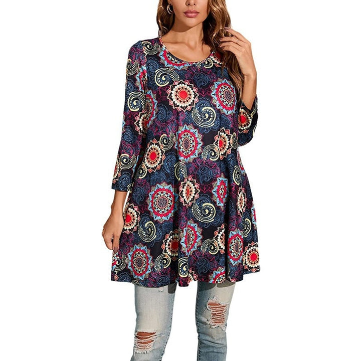Damen Tunika mit buntem Mandala-Druck 3/4-Arm ausgestellt - Grau