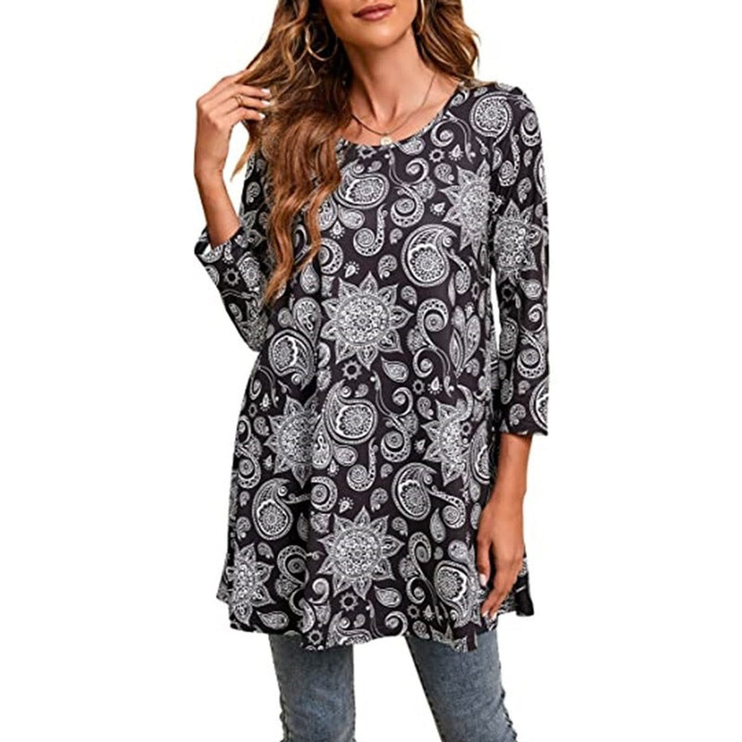 Damen Tunika mit buntem Mandala-Druck 3/4-Arm ausgestellt - A14