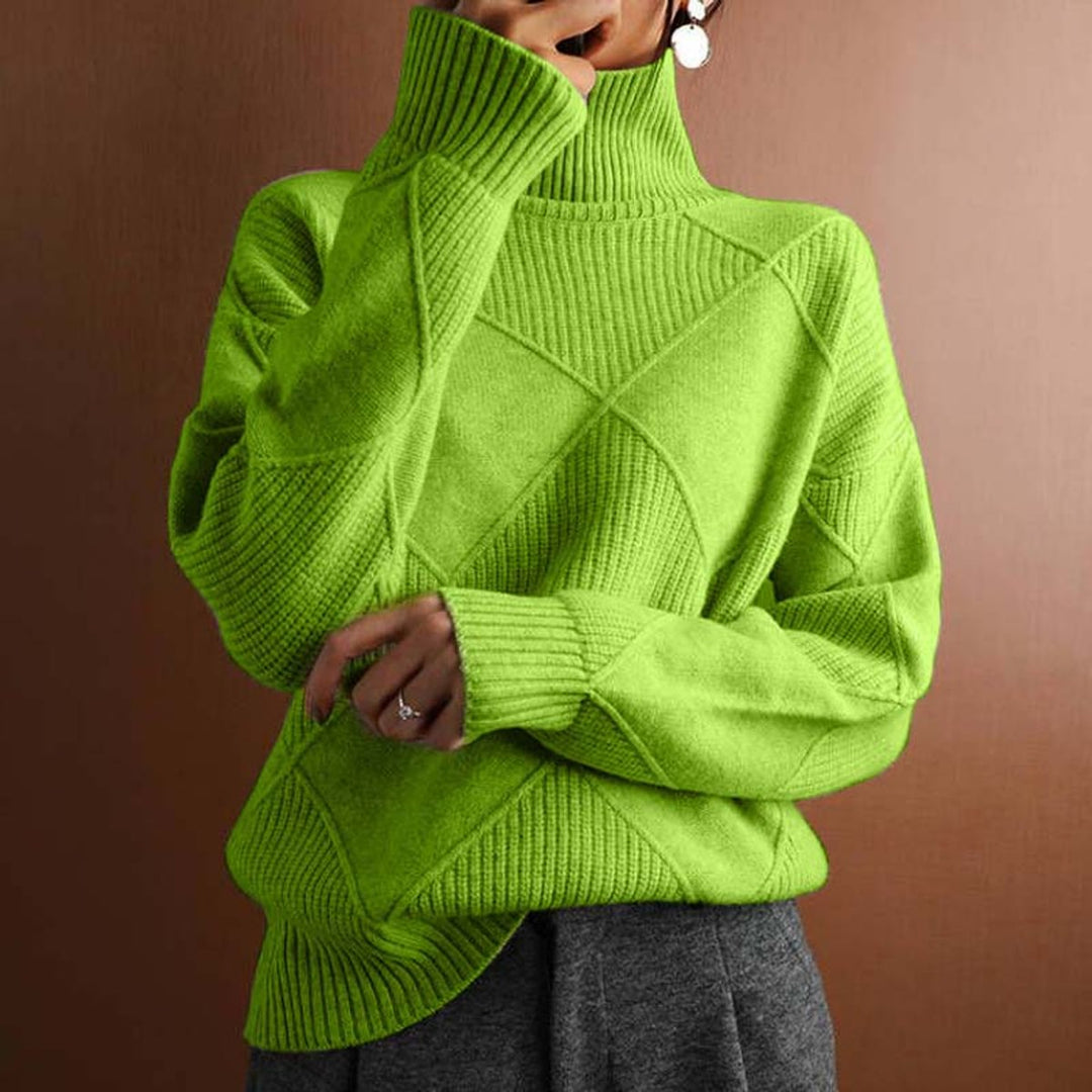 Damen Turtleneck Sweater Oversized Strickpullover mit Rautenmuster - Grün