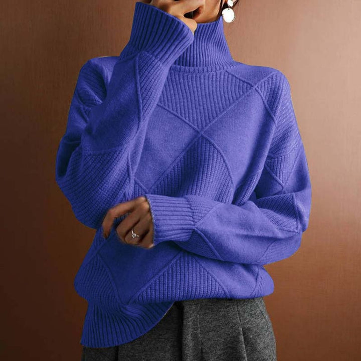 Damen Turtleneck Sweater Oversized Strickpullover mit Rautenmuster - Blau
