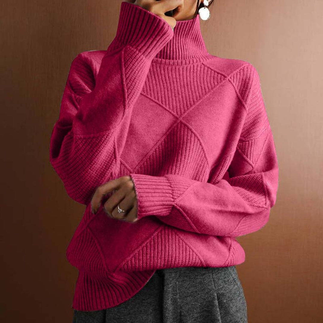 Damen Turtleneck Sweater Oversized Strickpullover mit Rautenmuster - Pink