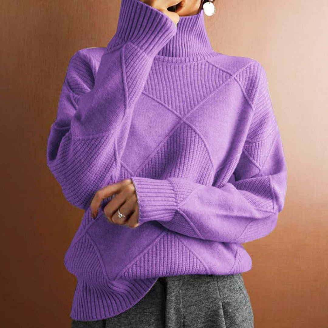 Damen Turtleneck Sweater Oversized Strickpullover mit Rautenmuster - Helllila