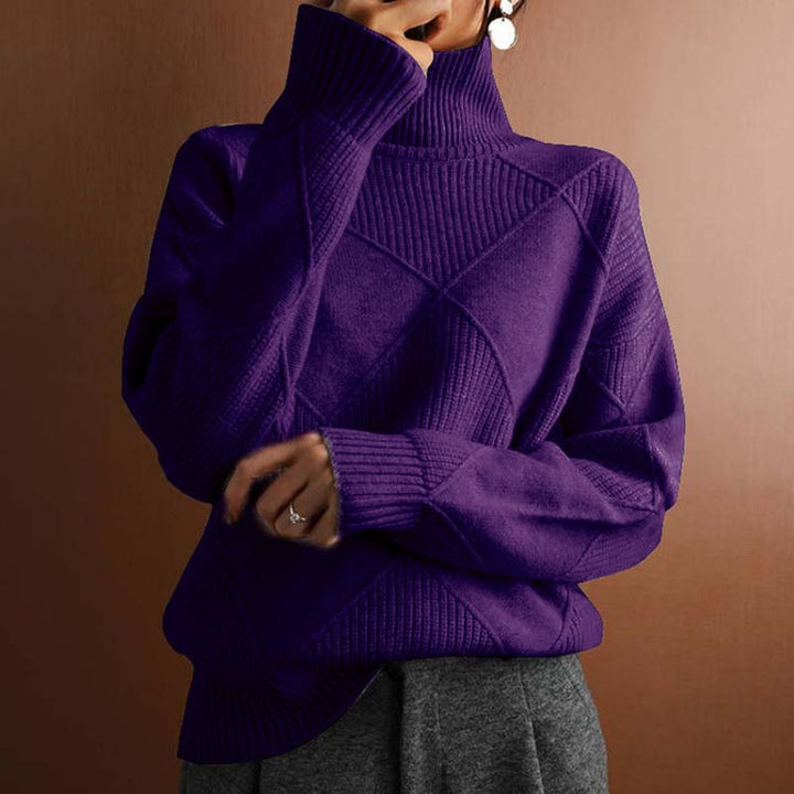 Damen Turtleneck Sweater Oversized Strickpullover mit Rautenmuster - Dunkellila