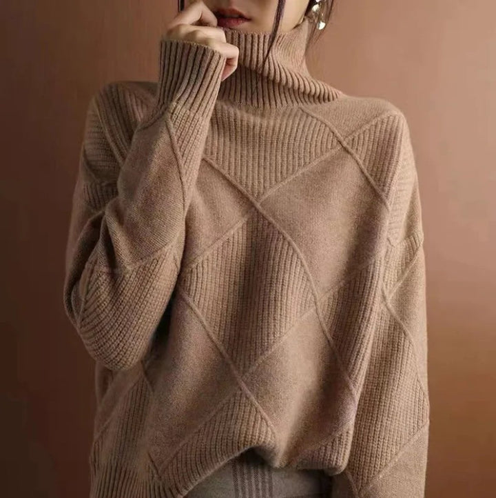 Damen Turtleneck Sweater Oversized Strickpullover mit Rautenmuster - Braun