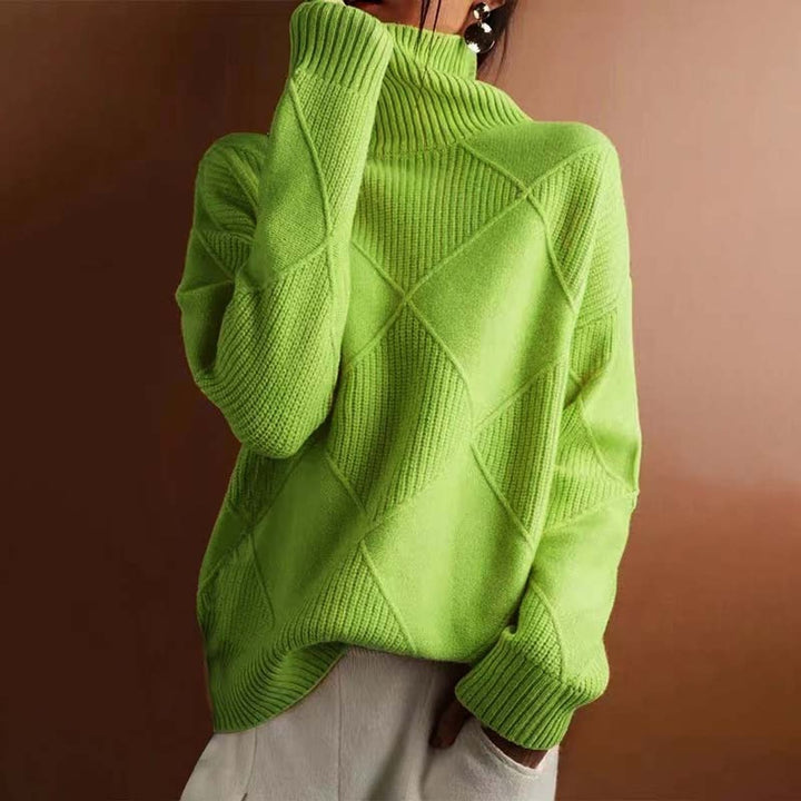 Damen Turtleneck Sweater Oversized Strickpullover mit Rautenmuster