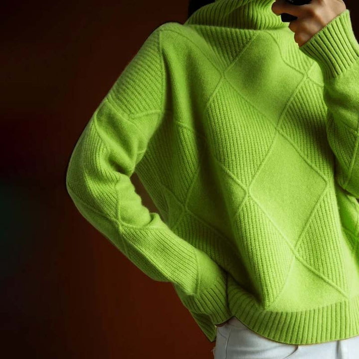 Damen Turtleneck Sweater Oversized Strickpullover mit Rautenmuster