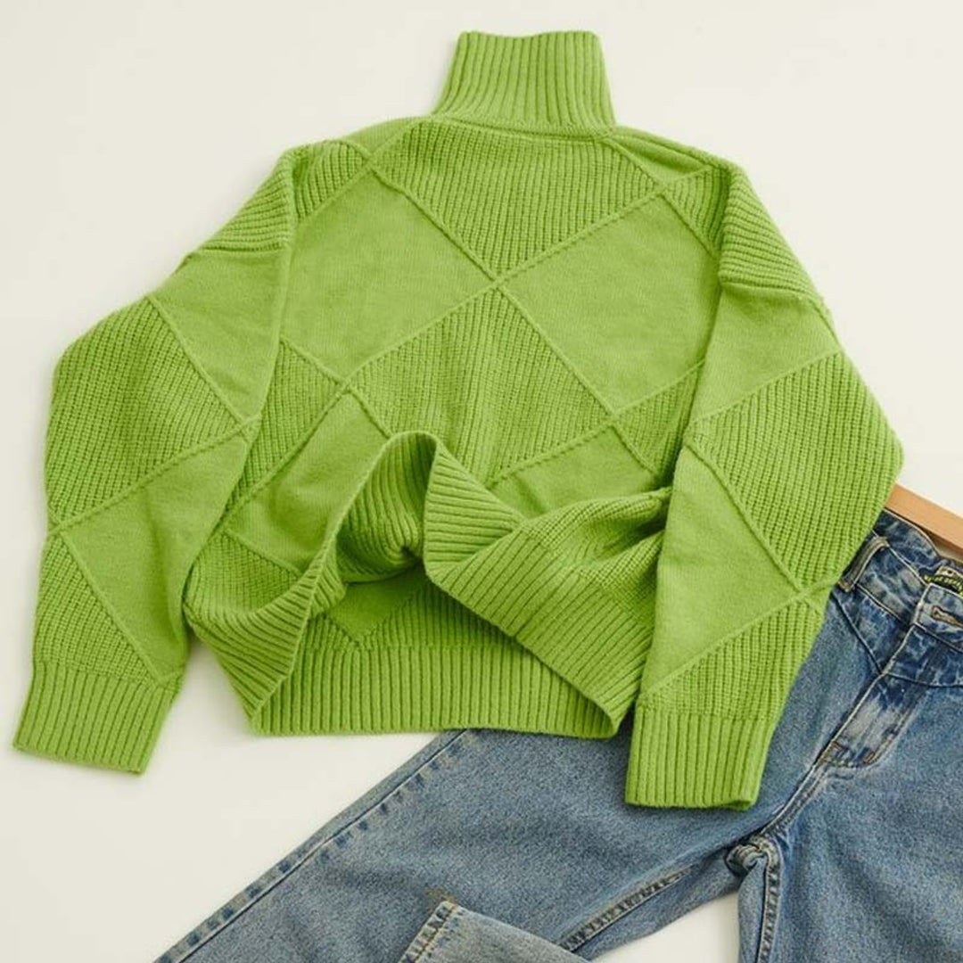 Damen Turtleneck Sweater Oversized Strickpullover mit Rautenmuster