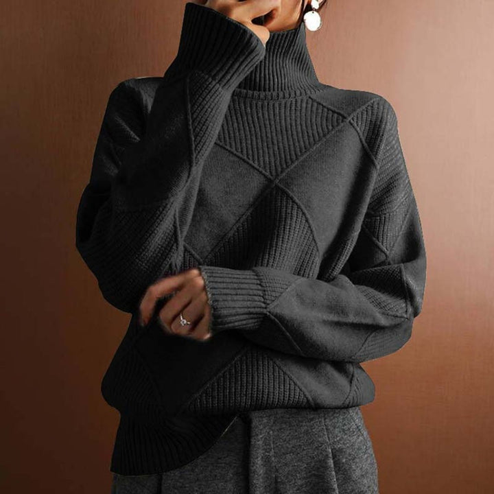 Damen Turtleneck Sweater Oversized Strickpullover mit Rautenmuster - Schwarz