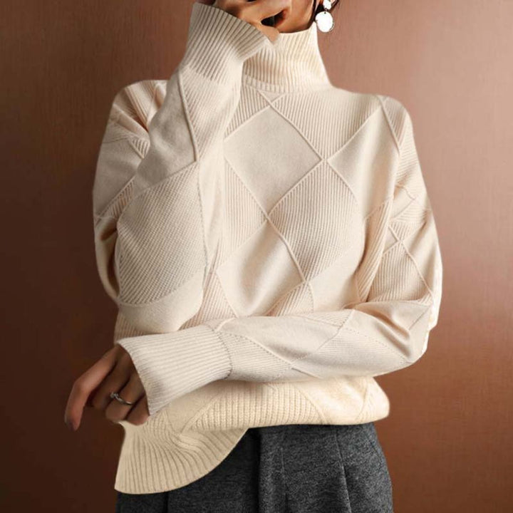 Damen Turtleneck Sweater Oversized Strickpullover mit Rautenmuster - Beige