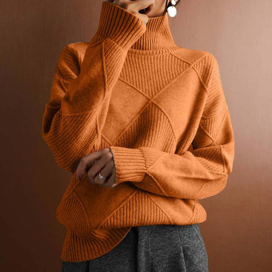 Damen Turtleneck Sweater Oversized Strickpullover mit Rautenmuster - Orange