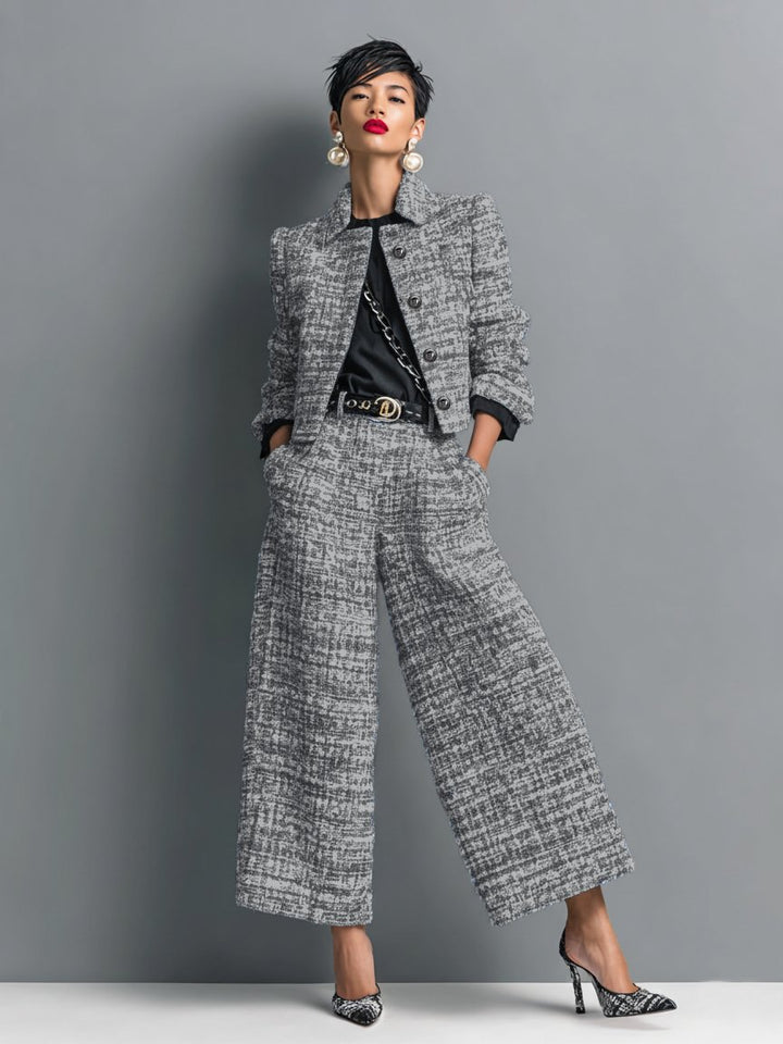 Damen Tweed Anzug Zweiteiler Blazer Culotte Business - Schwarz