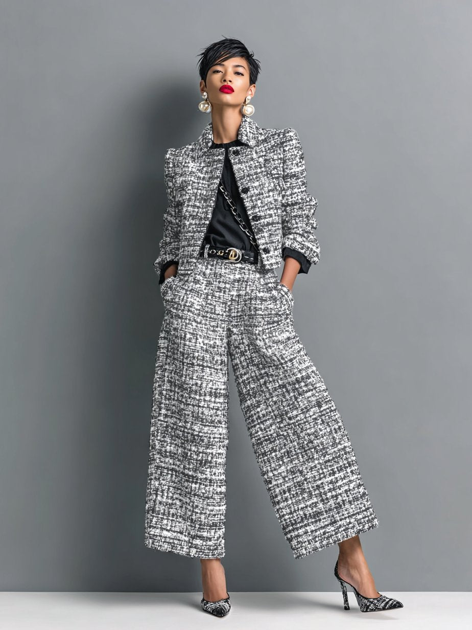Damen Tweed Anzug Zweiteiler Blazer Culotte Business - Grau