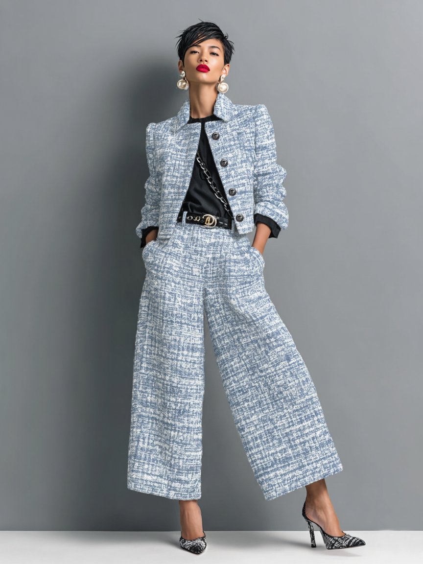 Damen Tweed Anzug Zweiteiler Blazer Culotte Business - Blau