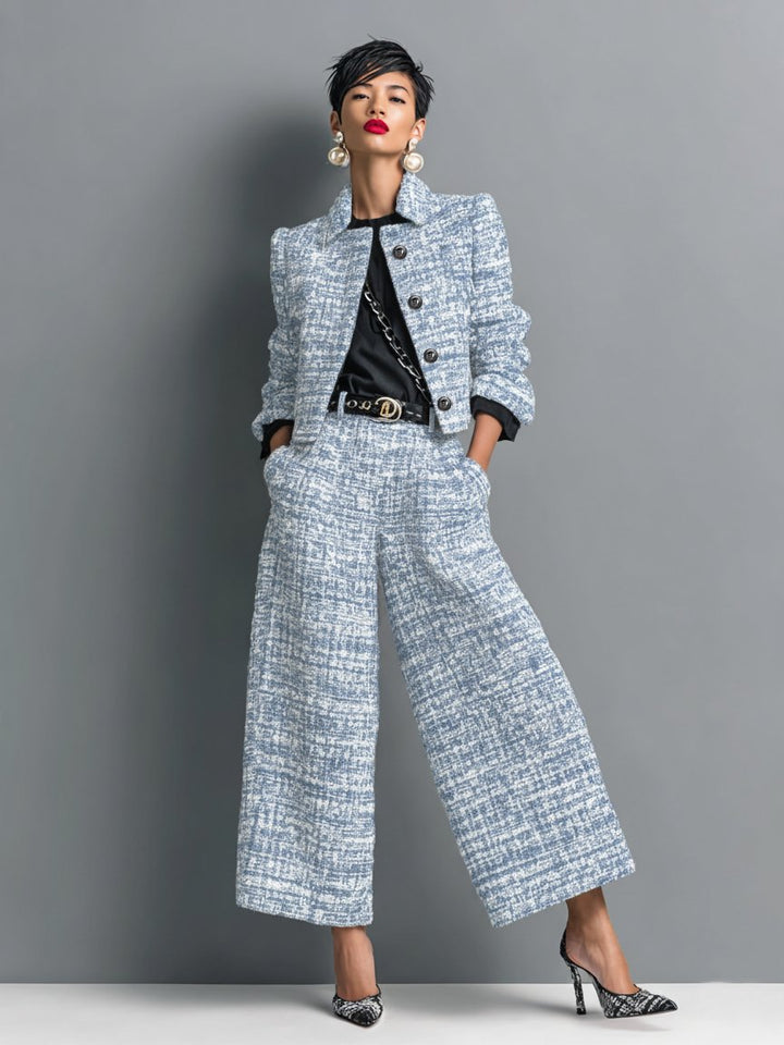 Damen Tweed Anzug Zweiteiler Blazer Culotte Business - Blau
